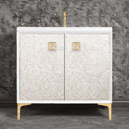 Linkasink - Mother Of Pearl With 3 Inch Eglomise Prism Artisan Glass Hardware 36 Inch Wide White Vanity