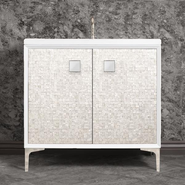 Linkasink - Mother Of Pearl With 3 Inch White Prism Artisan Glass Hardware 36 Inch Wide White Vanity