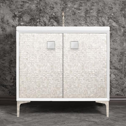 Linkasink - Mother Of Pearl With 3 Inch White Prism Artisan Glass Hardware 36 Inch Wide White Vanity