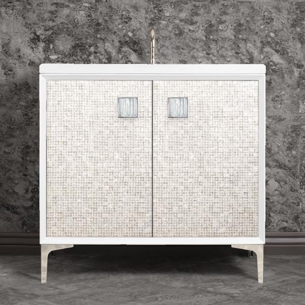 Linkasink - Mother Of Pearl With 3 Inch White Tiger Prism Artisan Glass Hardware 36 Inch Wide White Vanity
