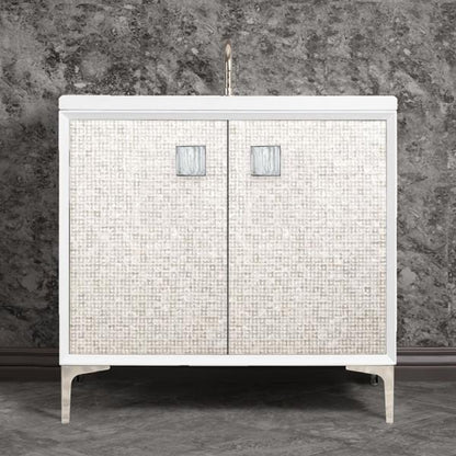 Linkasink - Mother Of Pearl With 3 Inch White Tiger Prism Artisan Glass Hardware 36 Inch Wide White Vanity
