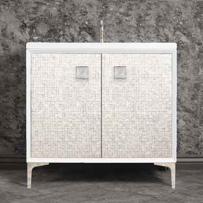 Linkasink - Mother Of Pearl With 3 Inch Eglomise Prism Artisan Glass Hardware 36 Inch Wide White Vanity