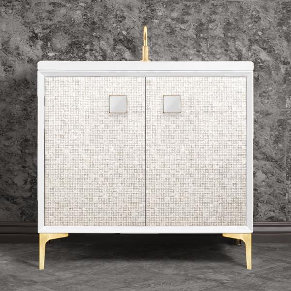 Linkasink - Mother Of Pearl With 3 Inch White Prism Artisan Glass Hardware 36 Inch Wide White Vanity