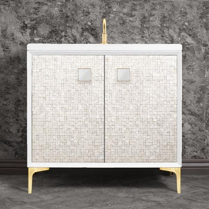 Linkasink - Mother Of Pearl With 3 Inch White Prism Artisan Glass Hardware 36 Inch Wide White Vanity