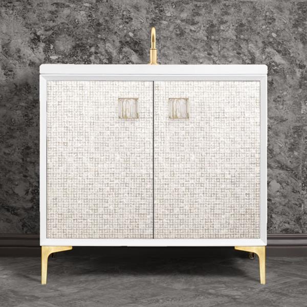 Linkasink - Mother Of Pearl With 3 Inch White Tiger Prism Artisan Glass Hardware 36 Inch Wide White Vanity