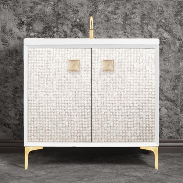 Linkasink - Mother Of Pearl With 3 Inch Eglomise Prism Artisan Glass Hardware 36 Inch Wide White Vanity