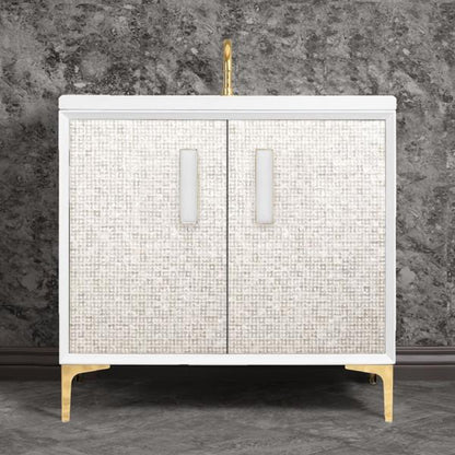 Linkasink - Mother Of Pearl With 8 Inch White Prism Artisan Glass Hardware 36 Inch Wide White Vanity