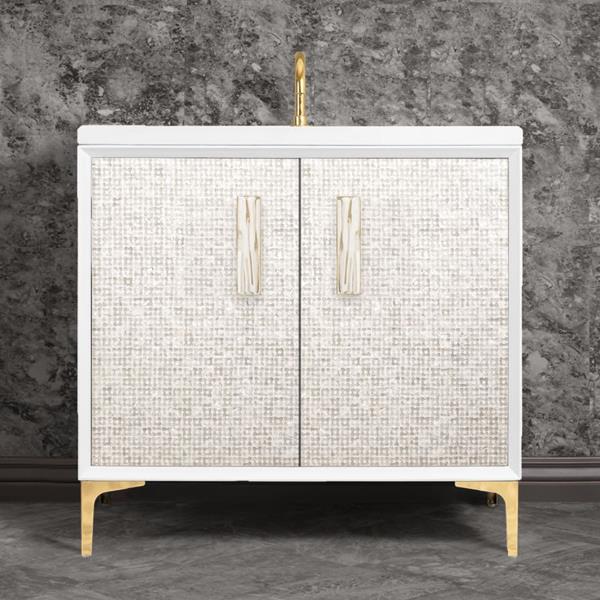 Linkasink - Mother Of Pearl With 8 Inch White Tiger Prism Artisan Glass Hardware 36 Inch Wide White Vanity