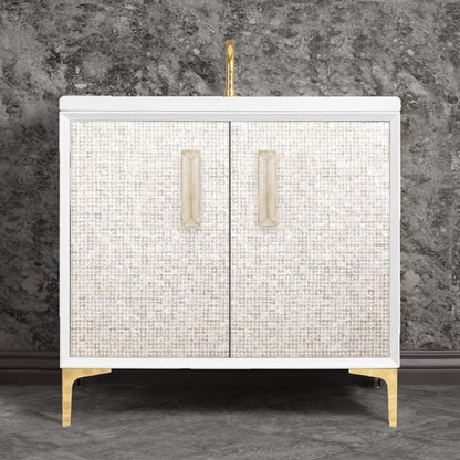 Linkasink - Mother Of Pearl With 8 Inch Eglomise Prism Artisan Glass Hardware 36 Inch Wide White Vanity