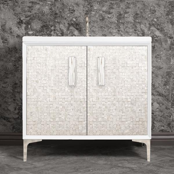 Linkasink - Mother Of Pearl With 8 Inch White Tiger Prism Artisan Glass Hardware 36 Inch Wide White Vanity