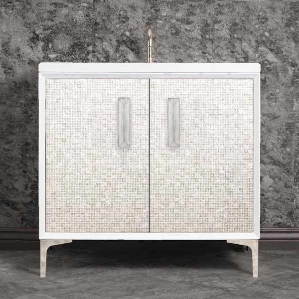 Linkasink - Mother Of Pearl With 8 Inch Eglomise Prism Artisan Glass Hardware 36 Inch Wide White Vanity