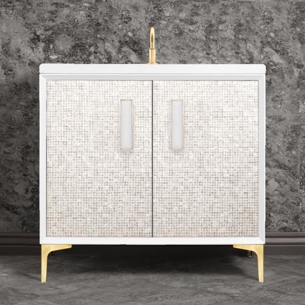 Linkasink - Mother Of Pearl With 8 Inch White Prism Artisan Glass Hardware 36 Inch Wide White Vanity