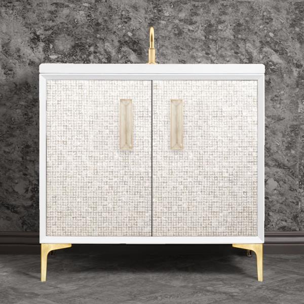 Linkasink - Mother Of Pearl With 8 Inch Eglomise Prism Artisan Glass Hardware 36 Inch Wide White Vanity