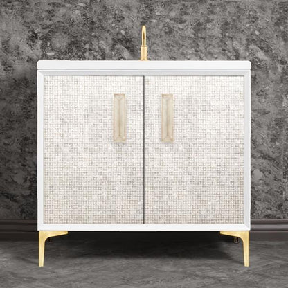 Linkasink - Mother Of Pearl With 8 Inch Eglomise Prism Artisan Glass Hardware 36 Inch Wide White Vanity