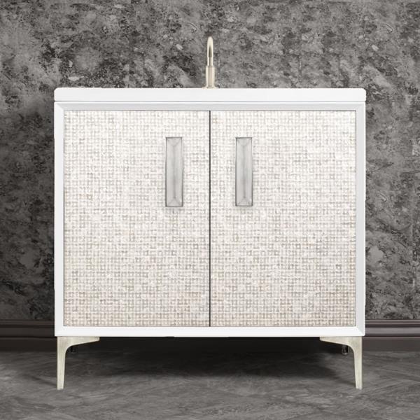Linkasink - Mother Of Pearl With 8 Inch Eglomise Prism Artisan Glass Hardware 36 Inch Wide White Vanity