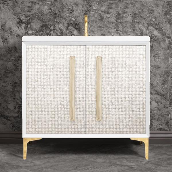 Linkasink - Mother Of Pearl With 18 Inch Eglomise Prism Artisan Glass Hardware 36 Inch Wide White Vanity