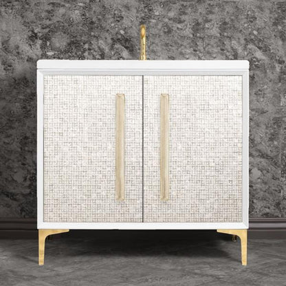 Linkasink - Mother Of Pearl With 18 Inch Eglomise Prism Artisan Glass Hardware 36 Inch Wide White Vanity