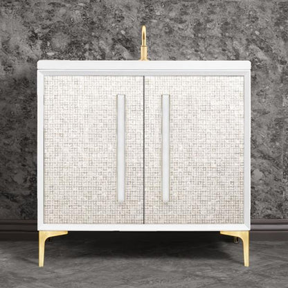 Linkasink - Mother Of Pearl With 18 Inch White Prism Artisan Glass Hardware 36 Inch Wide White Vanity