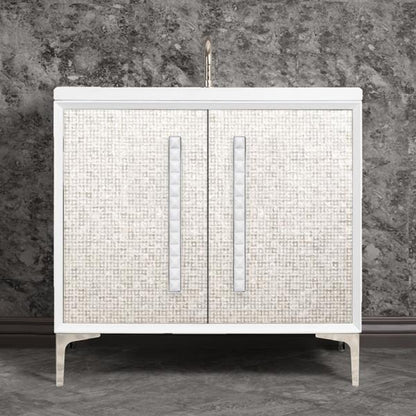 Linkasink - Mother Of Pearl With 18 Inch White Pyramid Artisan Glass Hardware 36 Inch Wide White Vanity