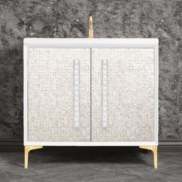 Linkasink - Mother Of Pearl With 18 Inch White Pyramid Artisan Glass Hardware 36 Inch Wide White Vanity