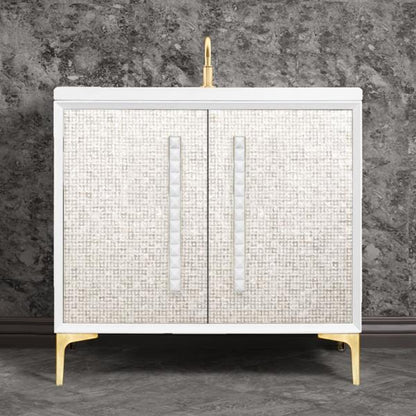 Linkasink - Mother Of Pearl With 18 Inch White Pyramid Artisan Glass Hardware 36 Inch Wide White Vanity