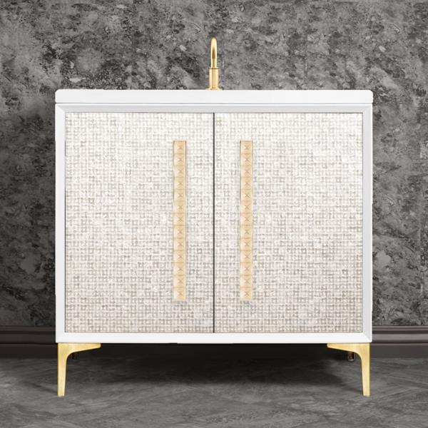 Linkasink - Mother Of Pearl With 18 Inch Eglomise Pyramid Artisan Glass Hardware 36 Inch Wide White Vanity