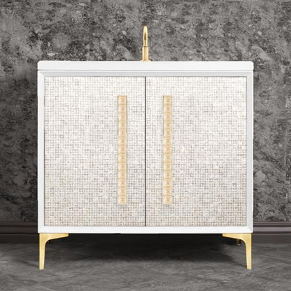 Linkasink - Mother Of Pearl With 18 Inch Eglomise Pyramid Artisan Glass Hardware 36 Inch Wide White Vanity