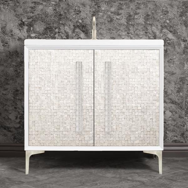 Linkasink - Mother Of Pearl With 18 Inch Eglomise Pyramid Artisan Glass Hardware 36 Inch Wide White Vanity
