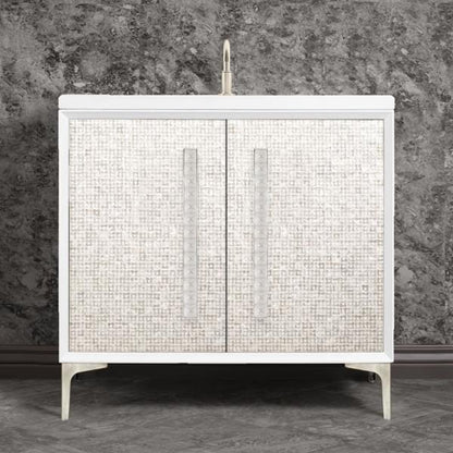 Linkasink - Mother Of Pearl With 18 Inch Eglomise Pyramid Artisan Glass Hardware 36 Inch Wide White Vanity