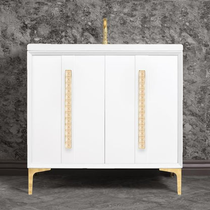 Linkasink - Tuxedo With 18 Inch Eglomise Pyramid Artisan Glass Hardware 36 Inch Wide White Vanity