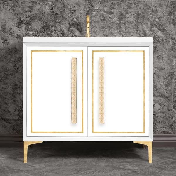 Linkasink - Linea With 18 Inch Eglomise Pyramid Artisan Glass Hardware 36 Inch Wide White Vanity