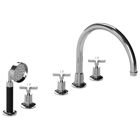 Lefroy Brooks - Fleetwood Cross Handle 5-Hole Bath Trim With Black Pull-Out Hand Shower
