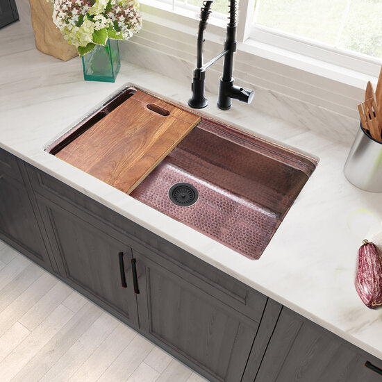 Nantucket Sinks - Brightwork Collection Hammered Copperl Large Single Bowl Prep Station Sink.  Sink Includes Accacia Cutting Board