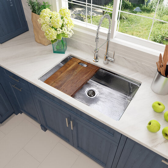 Nantucket Sinks - Brightwork Collection Hammered Stainless Steel Large Single Bowl Prep Station Sink.  Sink Includes Accacia Cutting Board
