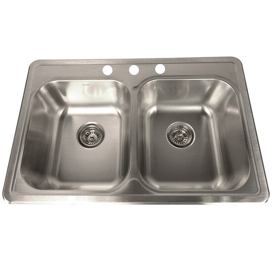Nantucket Sinks - 33 Inch Double Bowl Equal Self Rimming Stainless Steel Drop In Kitchen Sink, 18 Gauge
