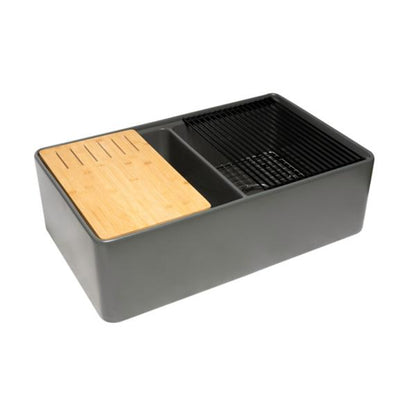 Alfi - 33 x 20 inch Workstation Double Bowl Step Rim Fireclay Farm Sink with Accessories