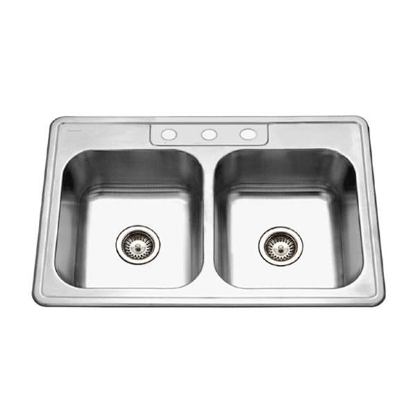 Hamat - Revive Topmount Stainless Steel 3-hole 50/50 Double Bowl Kitchen Sink, 8 Inch Deep