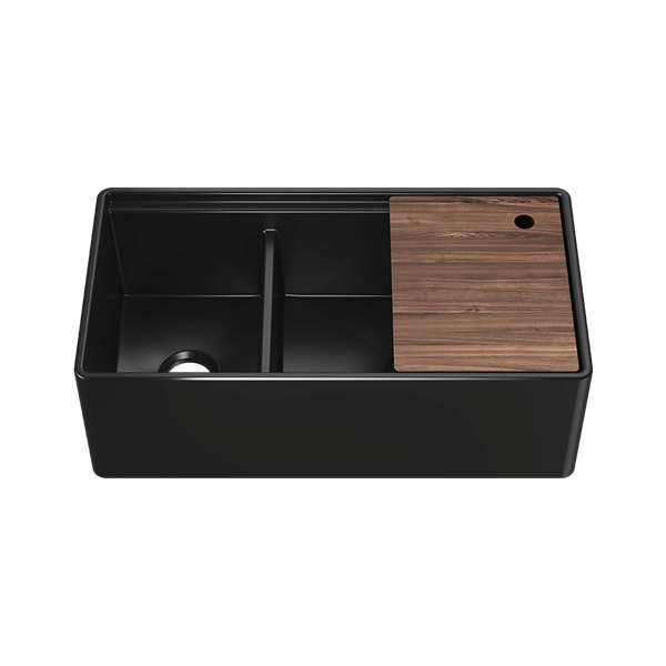 Julien - Fira Fira 36 Inch Double Bowl Kitchen Sink Matte Black Fireclay with Accessory Ledge, 36X19X11-1/2