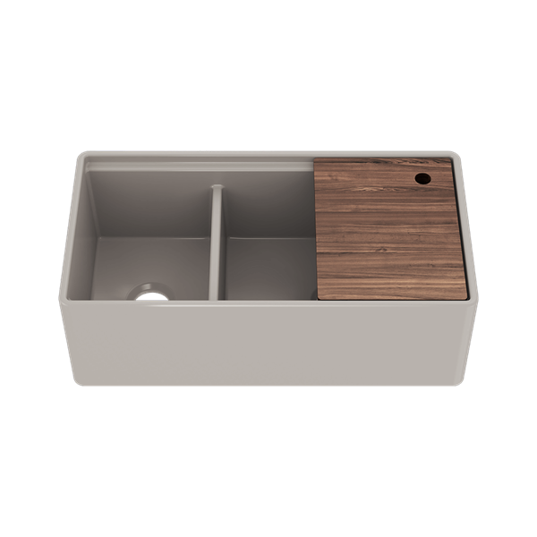 Julien - Fira Fira 36 Inch Double Bowl Kitchen Sink Matte Taupe Fireclay with Accessory Ledge, 36X19X11-1/2