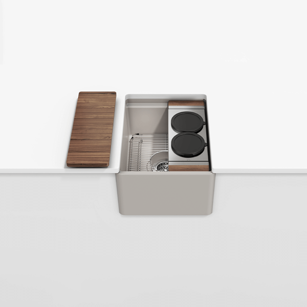 Julien - Fira 15 Inch Single Bowl Workstation Bar Set Matte Taupe Fireclay Wth Walnut acc. 15X19X8-3/4