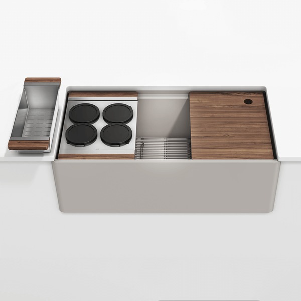 Julien - Fira 36 Inch Single Bowl Workstation Kitchen Set Matte Taupe Fireclay  with Walnut acc. 36X19X11-1/2