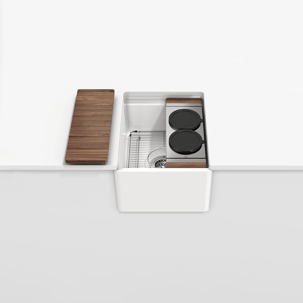 Julien - Fira Apron Front Undermount Single Bowl Bar Set with ledge and walnut accessoriy kit, 15x 19x 8-3/4