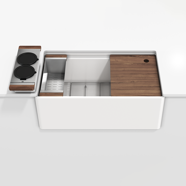 Julien - Fira Apron Front Undermount Single Bowl Sink with Ledge, walnut accessory kit, 33 x 19 x 11-1/2