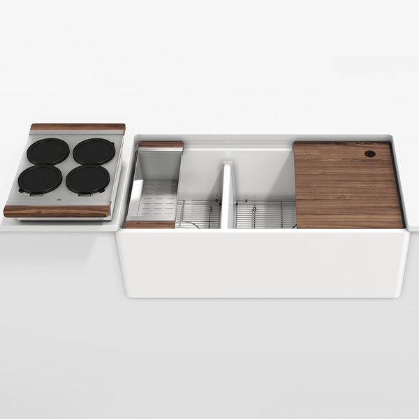 Julien - Fira Apron Front Undermount Double Bowl Sink with Ledge, walnut accessory kit, 36x19x11-1/2