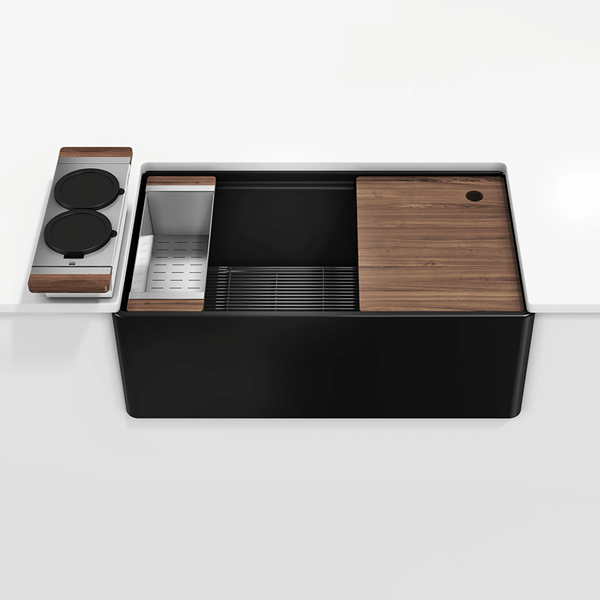 Julien - Fira 33 Inch Single Bowl Workstation Kitchen Set Matte Black Fireclay, with Walnut acc. 33X19X11-1/2