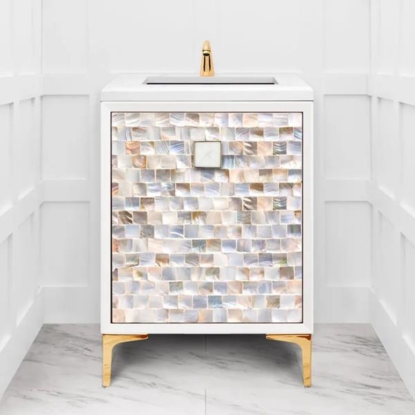 Linkasink - Shell 24 Inch White Vanity With 3 Inch With White Prism Artisan Glass Hardware