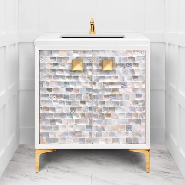 Linkasink - Shell 30 Inch White Vanity With 3 Inch With Eglomise Prism Artisan Glass Hardware