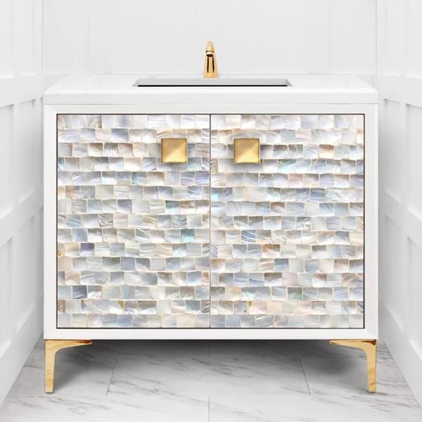 Linkasink - Shell 36 Inch White Vanity With 3 Inch With Eglomise Prism Artisan Glass Hardware
