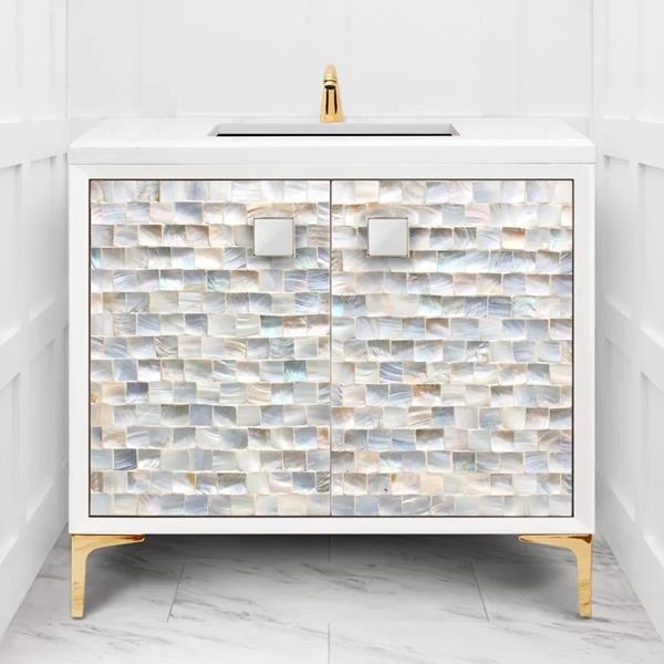 Linkasink - Shell 36 Inch White Vanity With 3 Inch With White Prism Artisan Glass Hardware