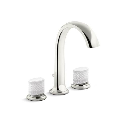 Kallista - Script Deck-Mount Bath Faucet W/ Diverter, White Porcelain Handles